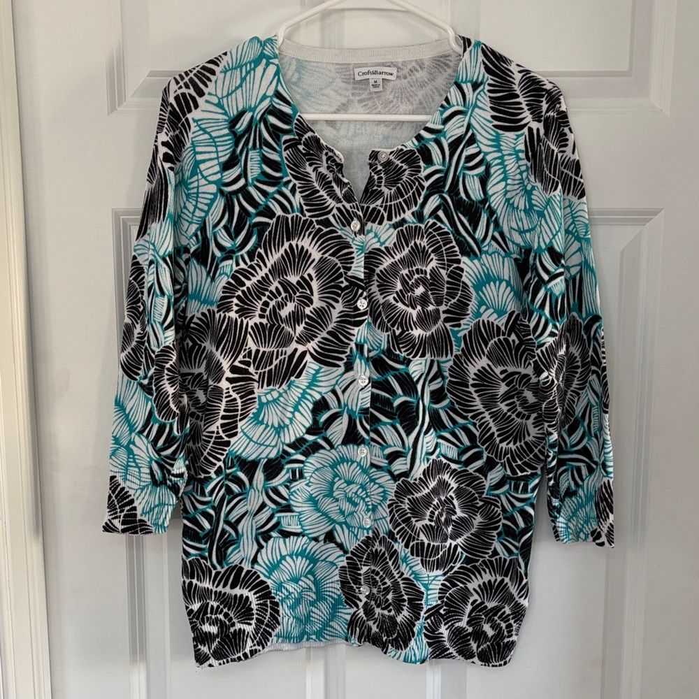 Black, White, and Blue Floral Button Down Cardigan 3/4 Length